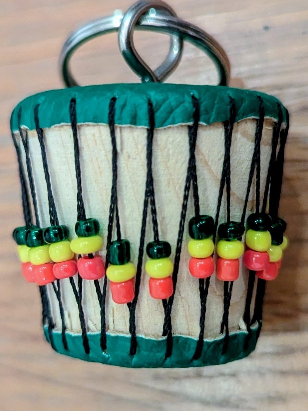 Handmade Mini Djembe Keychain with Green, Yellow & Red Beads